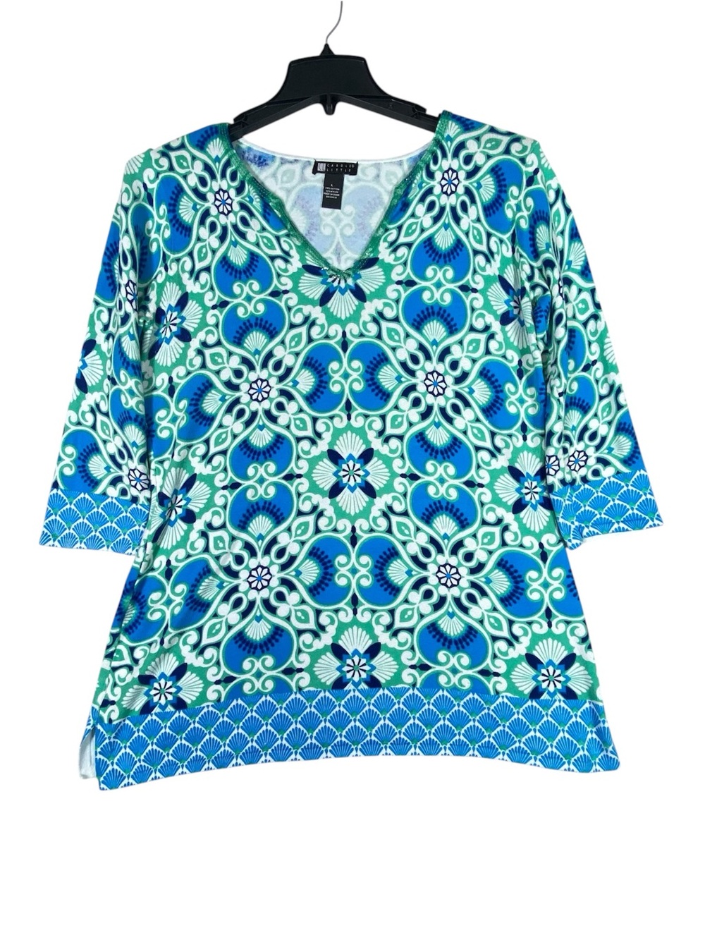 Carole Little Tunic Top Women's L Blue Green Medallion Mosaic Tile 3/4 Sleeve